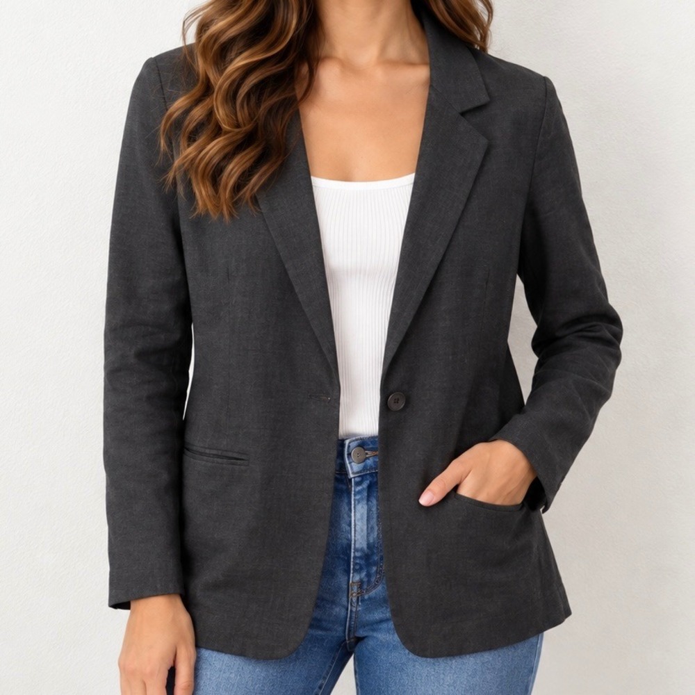 Eileen Fisher Womens Charcoal Grey Linen Blend Single Button Blazer Jacket 10